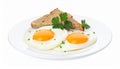 Tasty fried eggs with bread and parsley isolated on white Royalty Free Stock Photo