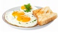 Tasty fried eggs with bread and parsley isolated on white Royalty Free Stock Photo