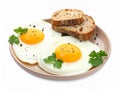 Tasty fried eggs with bread and parsley isolated on white Royalty Free Stock Photo