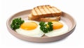 Tasty fried eggs with bread and parsley isolated on white Royalty Free Stock Photo