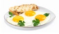 Tasty fried eggs with bread and parsley isolated on white Royalty Free Stock Photo