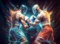 Generated image, Stunning illustration of a futuristic boxing match, the fighters are wearing iron masks Royalty Free Stock Photo