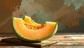 Cut a ripe melon on a wooden table, flatly. Text area Royalty Free Stock Photo
