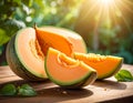 Cut a ripe melon on a wooden table, flatly. Text area Royalty Free Stock Photo