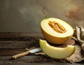 Cut a ripe melon on a wooden table, flatly. Text area Royalty Free Stock Photo