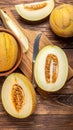 Cut a ripe melon on a wooden table, flatly. Text area Royalty Free Stock Photo