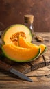 Cut a ripe melon on a wooden table, flatly. Text area Royalty Free Stock Photo