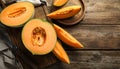 Cut a ripe melon on a wooden table, flatly. Text area Royalty Free Stock Photo