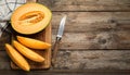 Cut a ripe melon on a wooden table, flatly. Text area Royalty Free Stock Photo