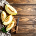 Cut a ripe melon on a wooden table, flatly. Text area Royalty Free Stock Photo