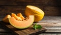 Cut a ripe melon on a wooden table, flatly. Text area Royalty Free Stock Photo