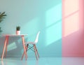 pastel room interior with mint green and millennial pink walls, minimalist scandinavian design with wooden table and white Royalty Free Stock Photo