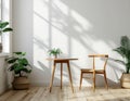 minimalist cafe interior with wooden table and chair, natural light and potted plants Royalty Free Stock Photo
