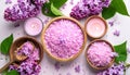 Sea salt spa set with pink lilac flowers. Top view Royalty Free Stock Photo