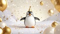 Cute Penguin Celebrating with Gold Confetti and Balloons Royalty Free Stock Photo