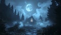 Moonlit Gothic Church in a Mystical Forest Royalty Free Stock Photo