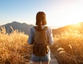 Cheerful young Asian female backpacker standing on footpath among dry grass in sunny Royalty Free Stock Photo