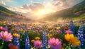 Idyllic Mountain Meadow with Wildflowers at Sunset Royalty Free Stock Photo