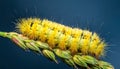 Macro of big yellow hairy caterpillar (Calliteara pudibunda) on cereal culm over dark Royalty Free Stock Photo