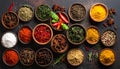 Spices and herbs in bowls. Food and cuisine ingredients Royalty Free Stock Photo