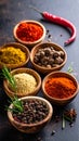Spices and herbs in bowls. Food and cuisine ingredients Royalty Free Stock Photo