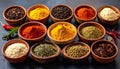 Spices and herbs in bowls. Food and cuisine ingredients Royalty Free Stock Photo