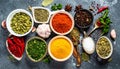 Spices and herbs in bowls. Food and cuisine ingredients Royalty Free Stock Photo