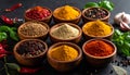 Spices and herbs in bowls. Food and cuisine ingredients Royalty Free Stock Photo