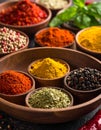 Spices and herbs in bowls. Food and cuisine ingredients Royalty Free Stock Photo