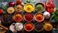 Spices and herbs in bowls. Food and cuisine ingredients Royalty Free Stock Photo
