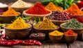 Spices and herbs in bowls. Food and cuisine ingredients Royalty Free Stock Photo