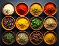 Spices and herbs in bowls. Food and cuisine ingredients Royalty Free Stock Photo