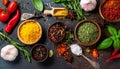 Spices and herbs in bowls. Food and cuisine ingredients Royalty Free Stock Photo