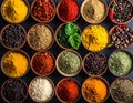 Spices and herbs in bowls. Food and cuisine ingredients Royalty Free Stock Photo