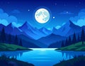 Vector landscape with mountains and lake, alps, night and full moon Royalty Free Stock Photo