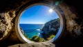 Coastal Paradise View Through a Circular Cave Window Royalty Free Stock Photo