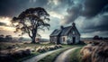 Rustic Stone Cottage Amidst Dramatic Skies and Autumn Landscape Royalty Free Stock Photo