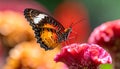 Close up view of Orange Lacewing butterfly on cockscomb flower Royalty Free Stock Photo