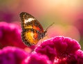Close up view of Orange Lacewing butterfly on cockscomb flower Royalty Free Stock Photo