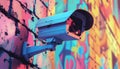 Urban Surveillance: CCTV Camera on Vibrant Graffiti Wall Royalty Free Stock Photo