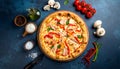 Flat lay with traditional Italian pizza with chiken, ham, pepper, cheese sauce Royalty Free Stock Photo