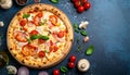 Flat lay with traditional Italian pizza with chiken, ham, pepper, cheese sauce Royalty Free Stock Photo