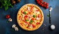 Flat lay with traditional Italian pizza with chiken, ham, pepper, cheese sauce Royalty Free Stock Photo