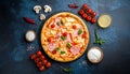 Flat lay with traditional Italian pizza with chiken, ham, pepper, cheese sauce Royalty Free Stock Photo