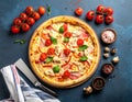 Flat lay with traditional Italian pizza with chiken, ham, pepper, cheese sauce Royalty Free Stock Photo