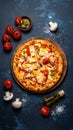 Flat lay with traditional Italian pizza with chiken, ham, pepper, cheese sauce Royalty Free Stock Photo