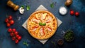 Flat lay with traditional Italian pizza with chiken, ham, pepper, cheese sauce Royalty Free Stock Photo