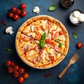 Flat lay with traditional Italian pizza with chiken, ham, pepper, cheese sauce Royalty Free Stock Photo