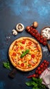 Flat lay with traditional Italian pizza with chiken, ham, pepper, cheese sauce Royalty Free Stock Photo
