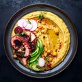 Served over creamy peppery chickpeas with fried octopus, crispy cucumber and radish Royalty Free Stock Photo